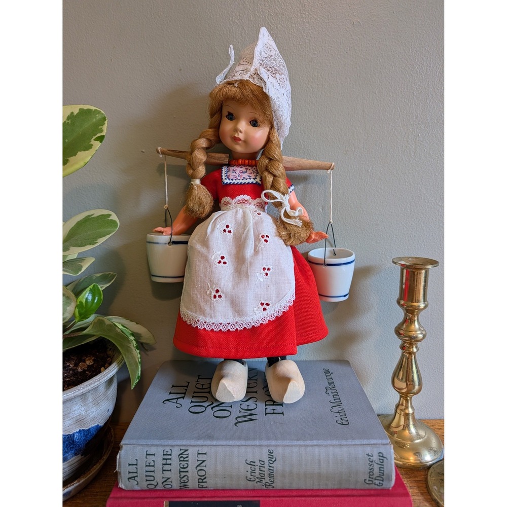 Vintage Dutch Souvenir Doll Holland Traditional Dress Wooden Clogs Yoke Buckets